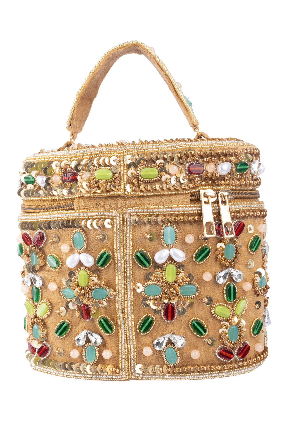 Eeth Gold Embellished Box Clutch with Zip Closure