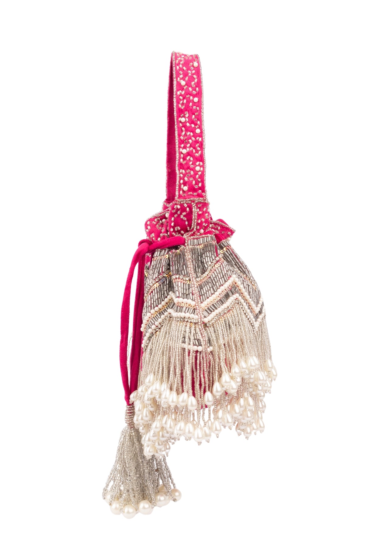 Rani Pink Velvet Cutdana & Pearl Embellished Potli Bag