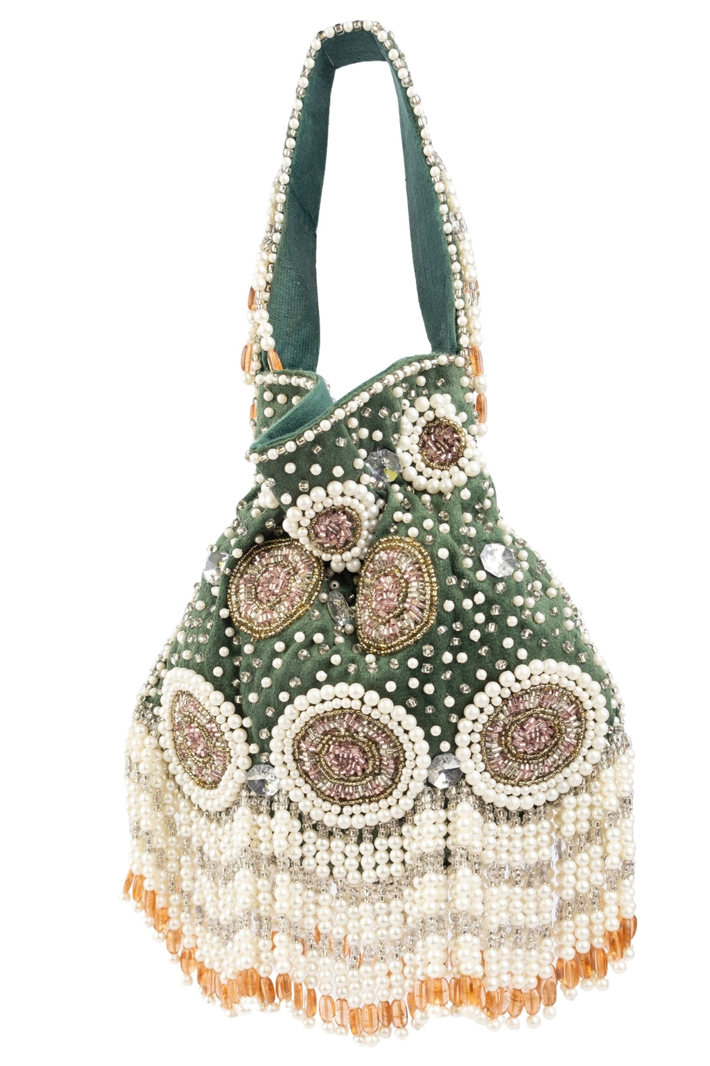 Emerald Green Velvet Pearl & Cut Dana Work Potli Bag