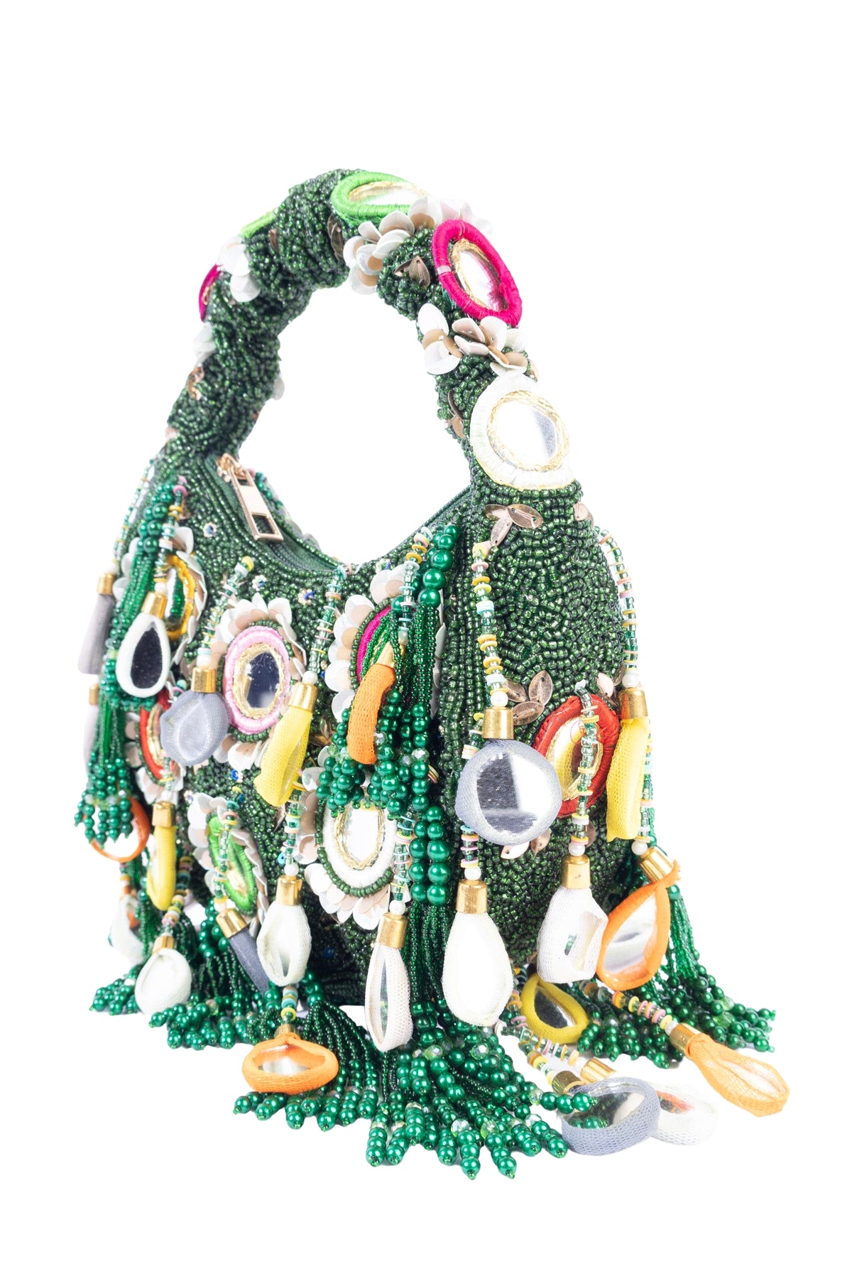 Eeth Green Mirror Clutch Bag with Beads and Pearl Work