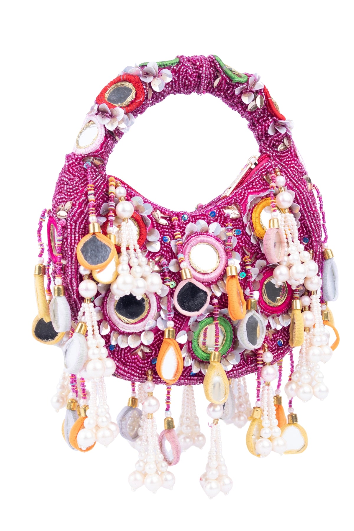 Eeth Pink Mirror Clutch Bagwith Beads and Pearl Work