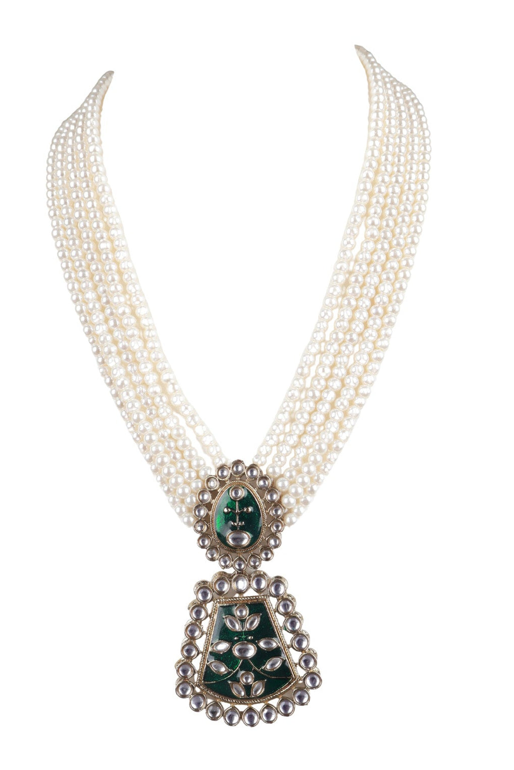 Green Stone Pearl Multi-Layer Necklace Set with Pendant Earrings