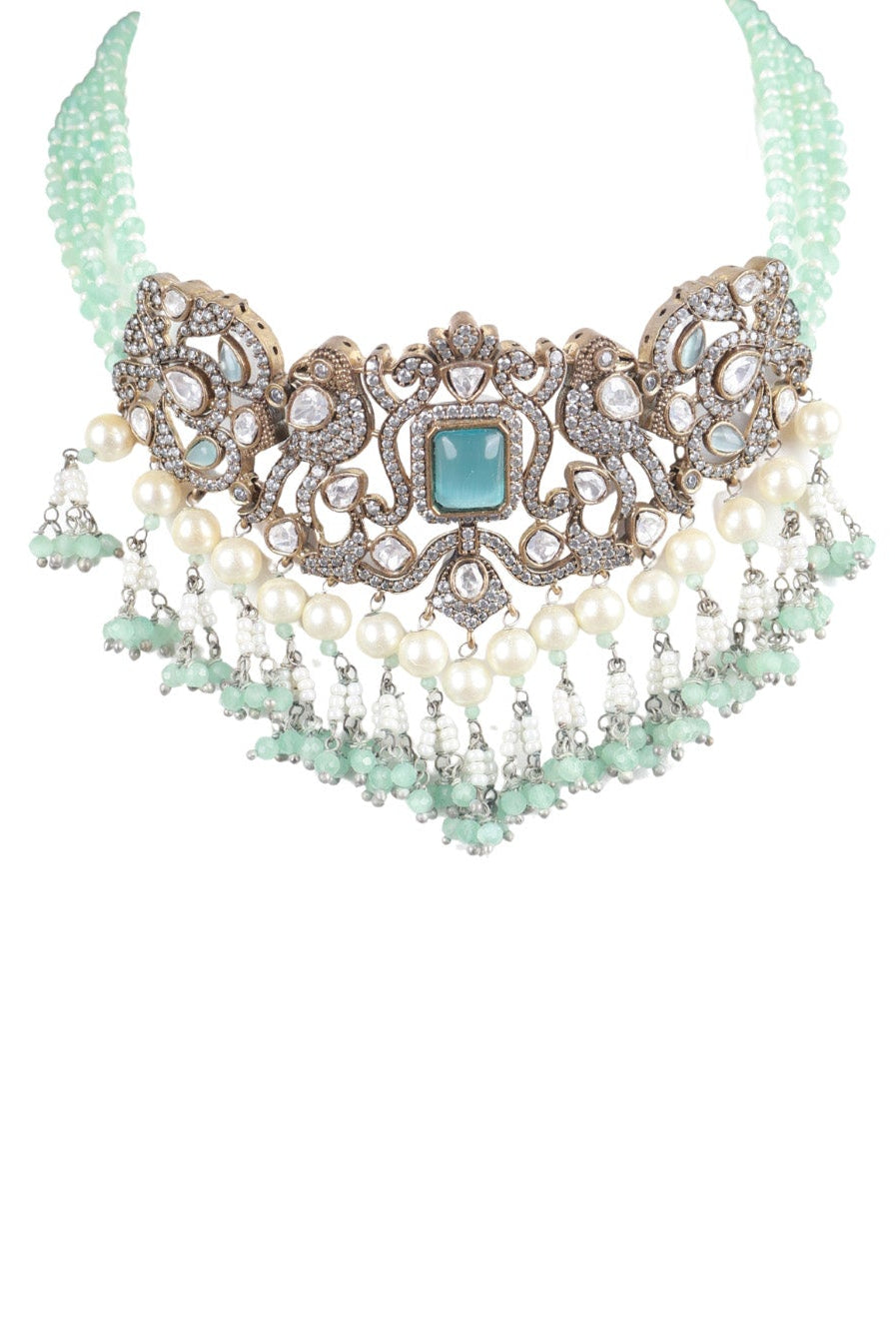 Mint Green Kundan Choker Necklace Set with Earrings Premium Ethnic Jewellery
