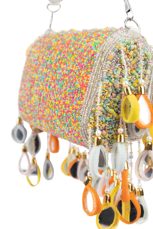 Eeth Silver Base Multicolour Mirror Work Sequin Detailing Clutch Bag Main Image