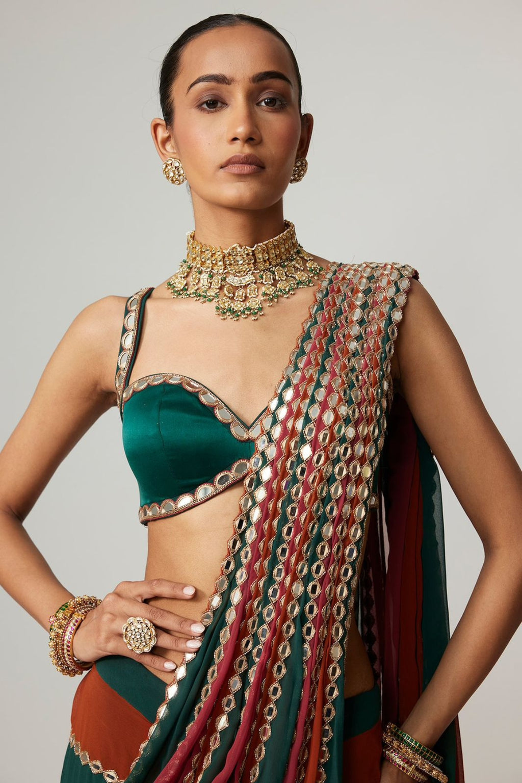Elegant faux georgette saree with real mirror embroidery work for wedding and festive occasions