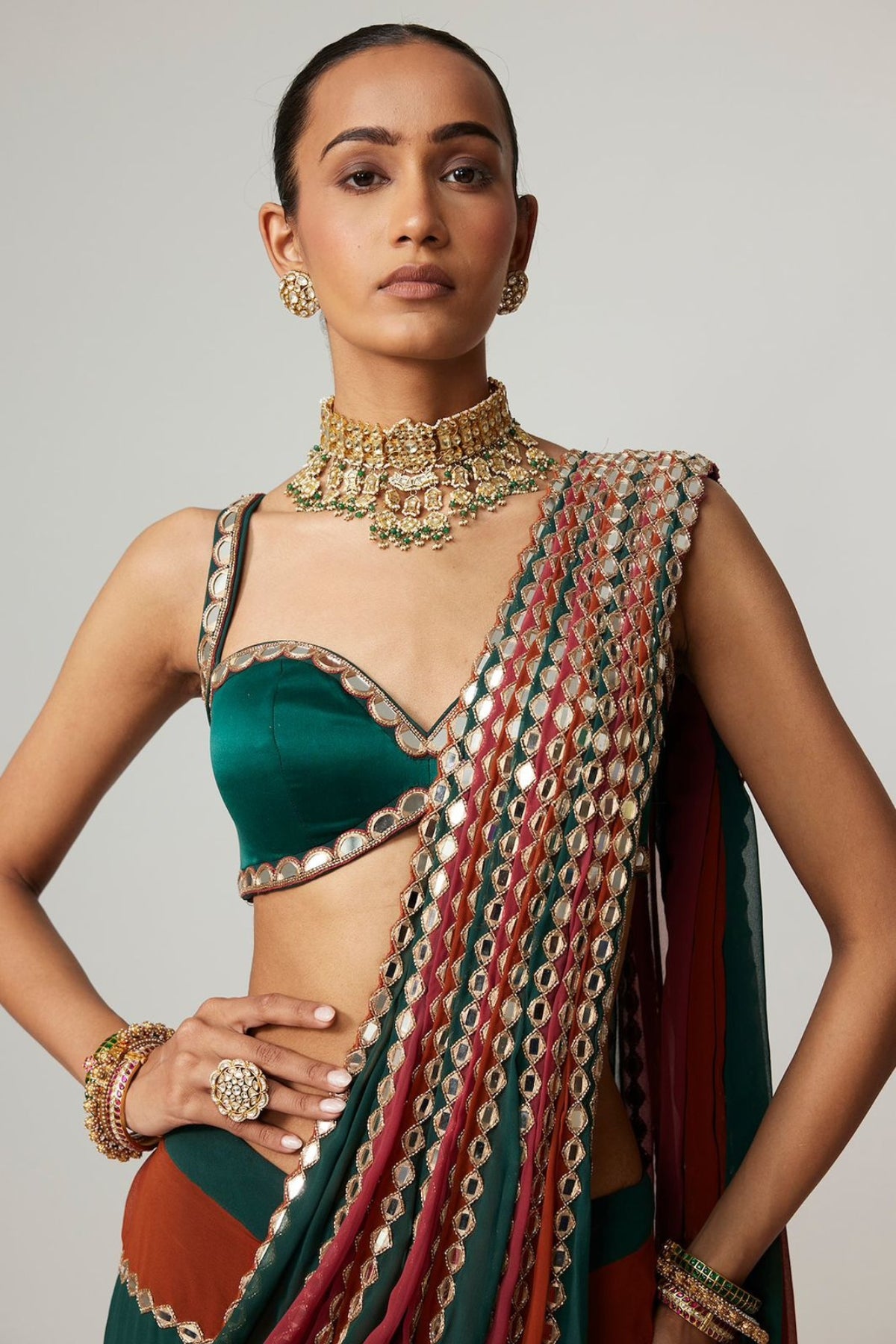 Elegant faux georgette saree with real mirror embroidery work for wedding and festive occasions