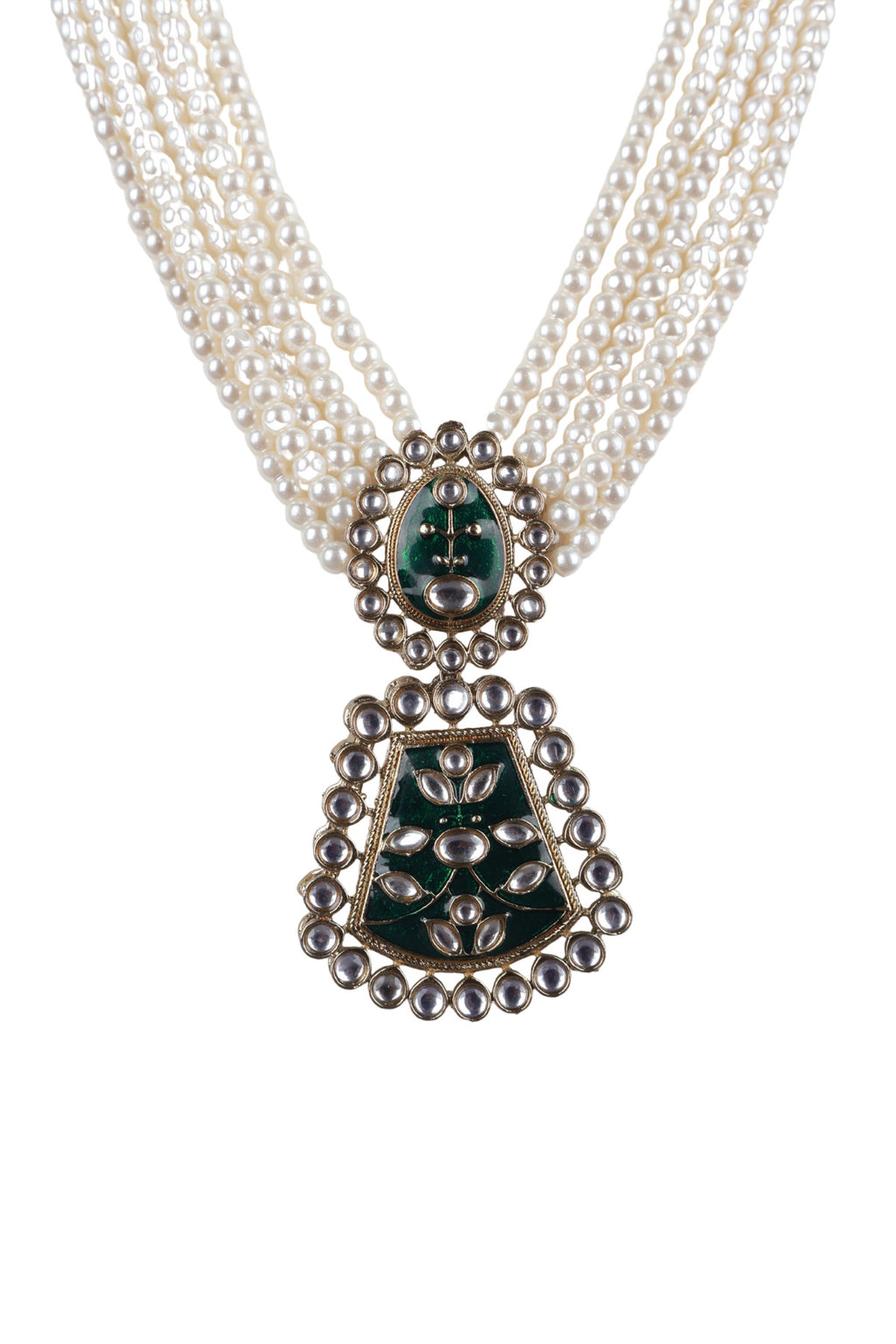 Green Stone Pearl Multi-Layer Necklace Set with Pendant Earrings