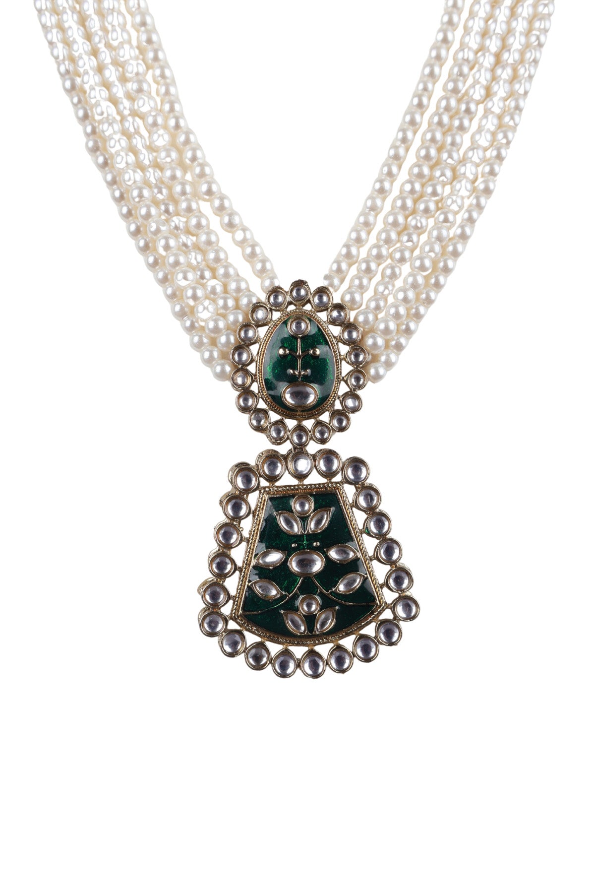 Green Stone Pearl Multi-Layer Necklace Set with Pendant Earrings