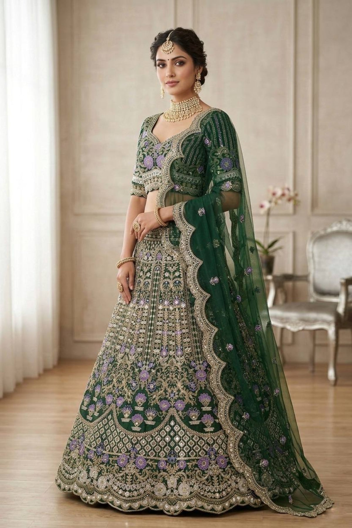Flared mono satin silk lehenga with sequins cut work can-can layers blouse and dupatta for wedding and festive wear