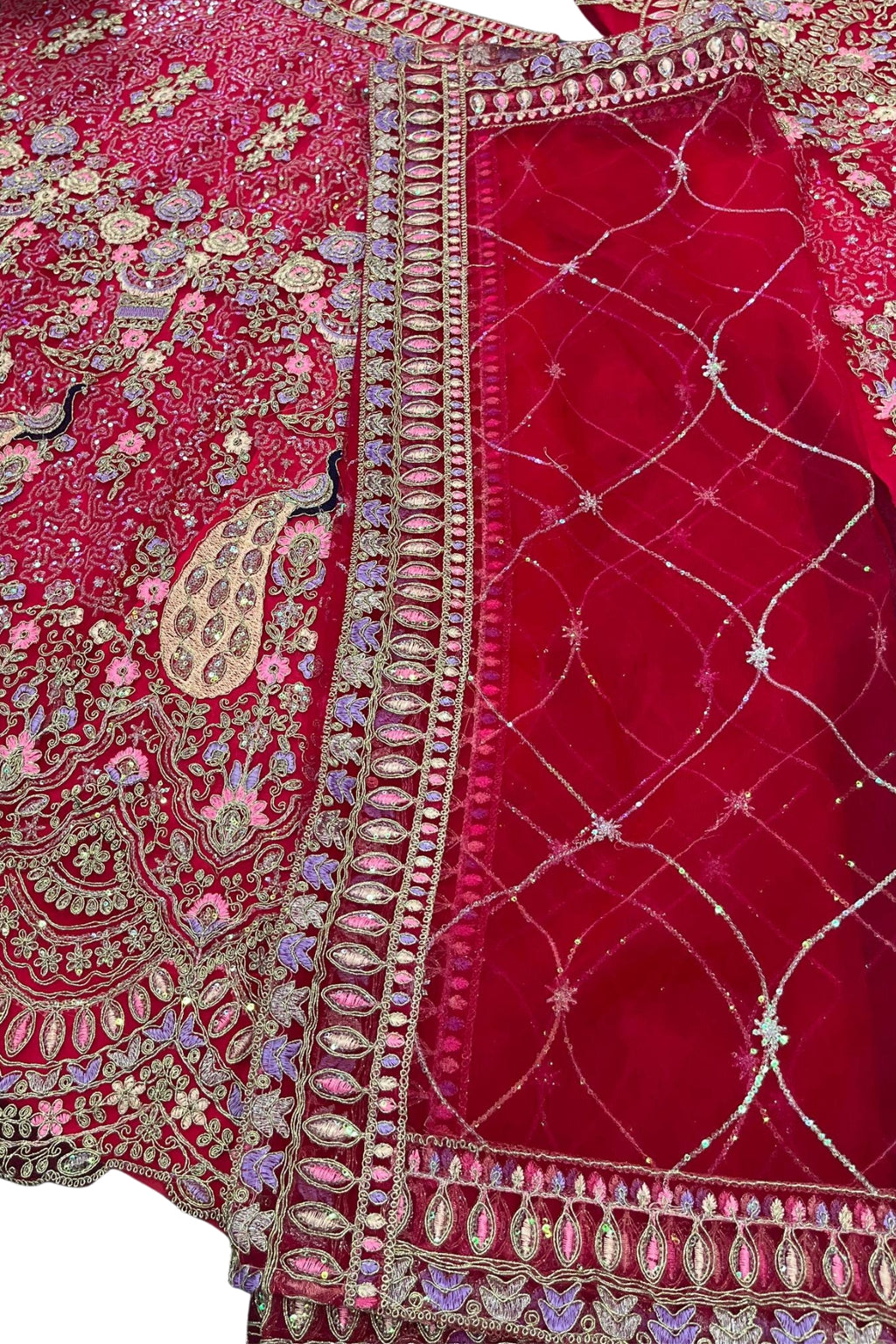 Red butterfly net lehenga with coding sequins embroidery for wedding, bridal and festive wear