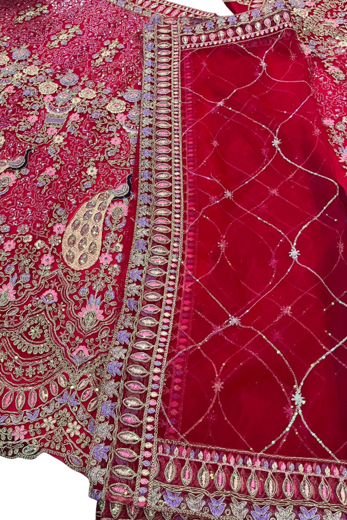 Red butterfly net lehenga with coding sequins embroidery for wedding, bridal and festive wear