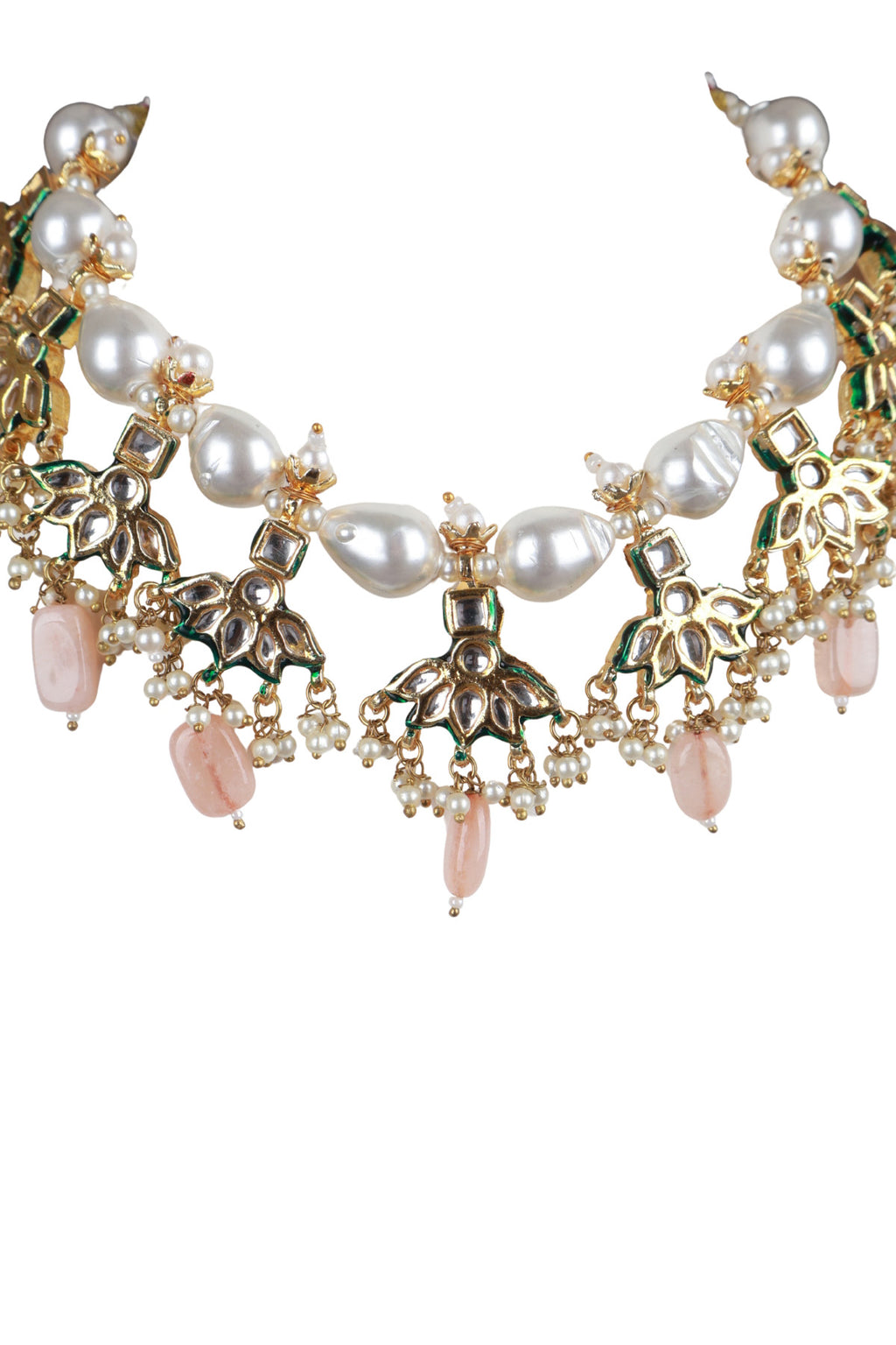 Pink Stone Pearl Kundan Gold-Plated Choker Necklace Set