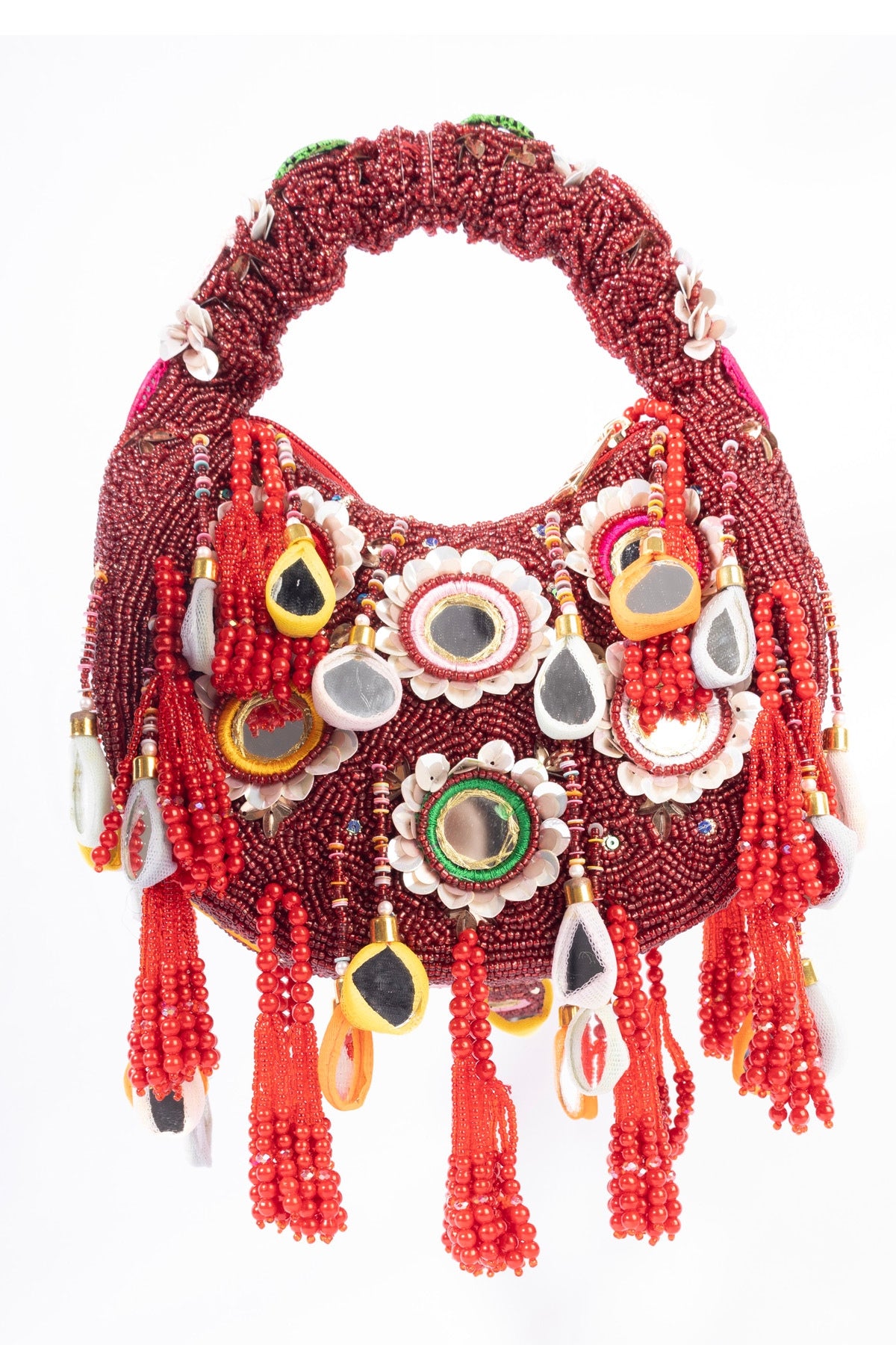 Eeth Red Mirror Clutch Bagwith Beads and Pearl Work