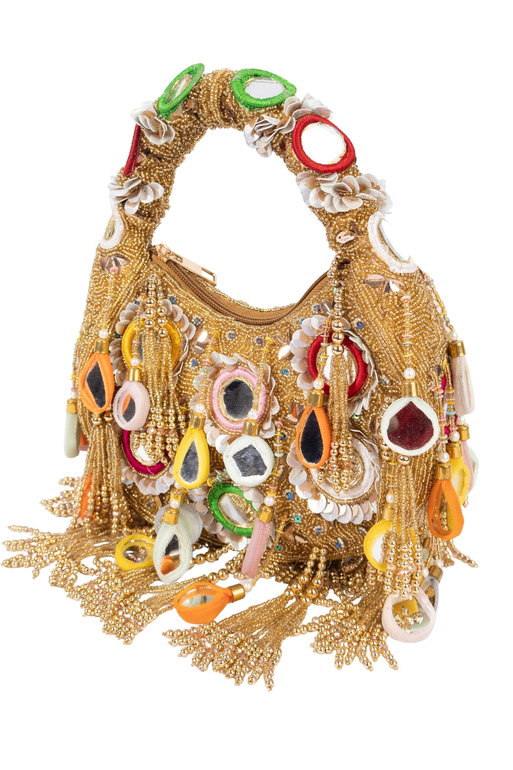 Eeth Gold Mirror Clutch Bag with Beads and Pearl Work