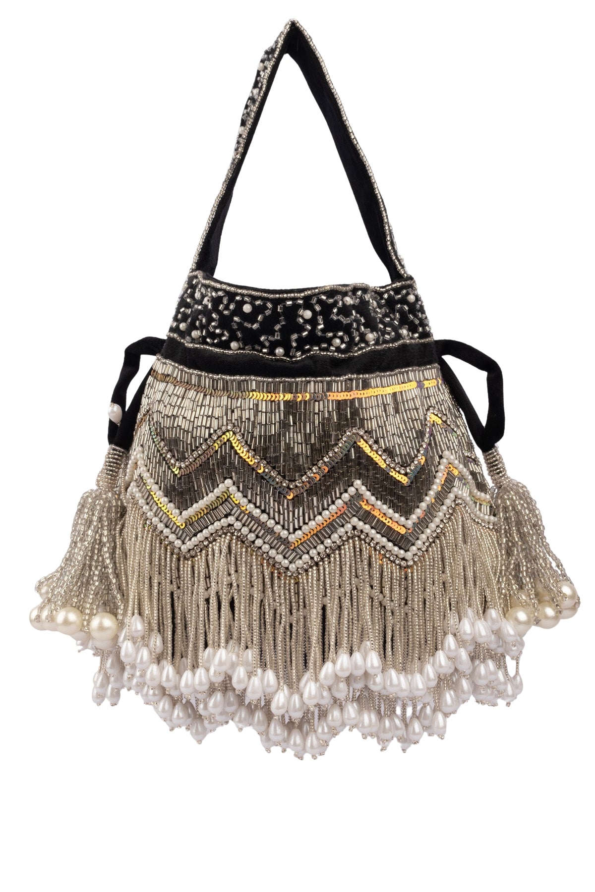 Black Velvet Cutdana & Pearl Embellished Potli Bag