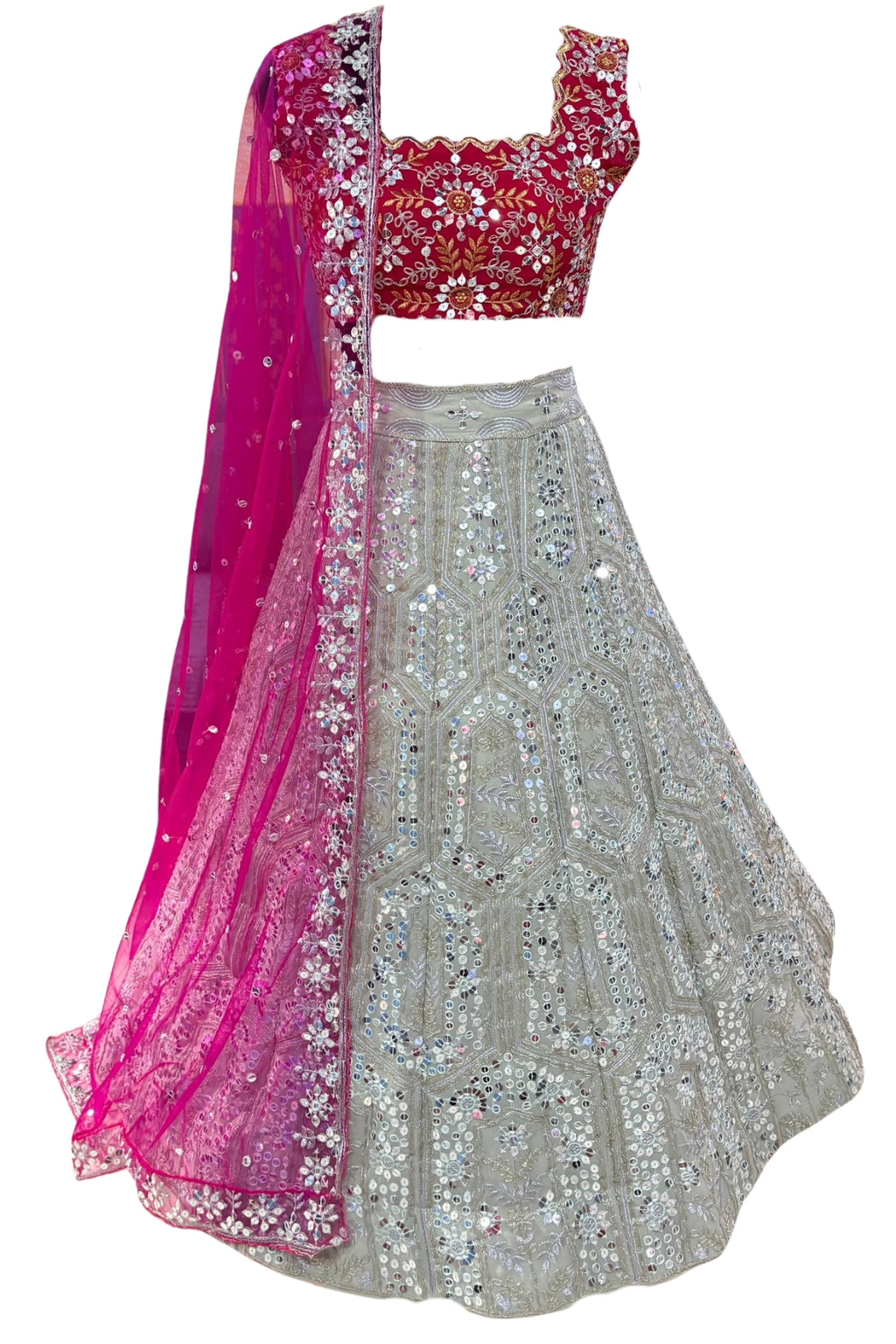 Elegant faux georgette flared lehenga with sequins embroidery, can-can layers and dupatta for wedding and festive wear