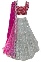 Elegant faux georgette flared lehenga with sequins embroidery, can-can layers and dupatta for wedding and festive wear