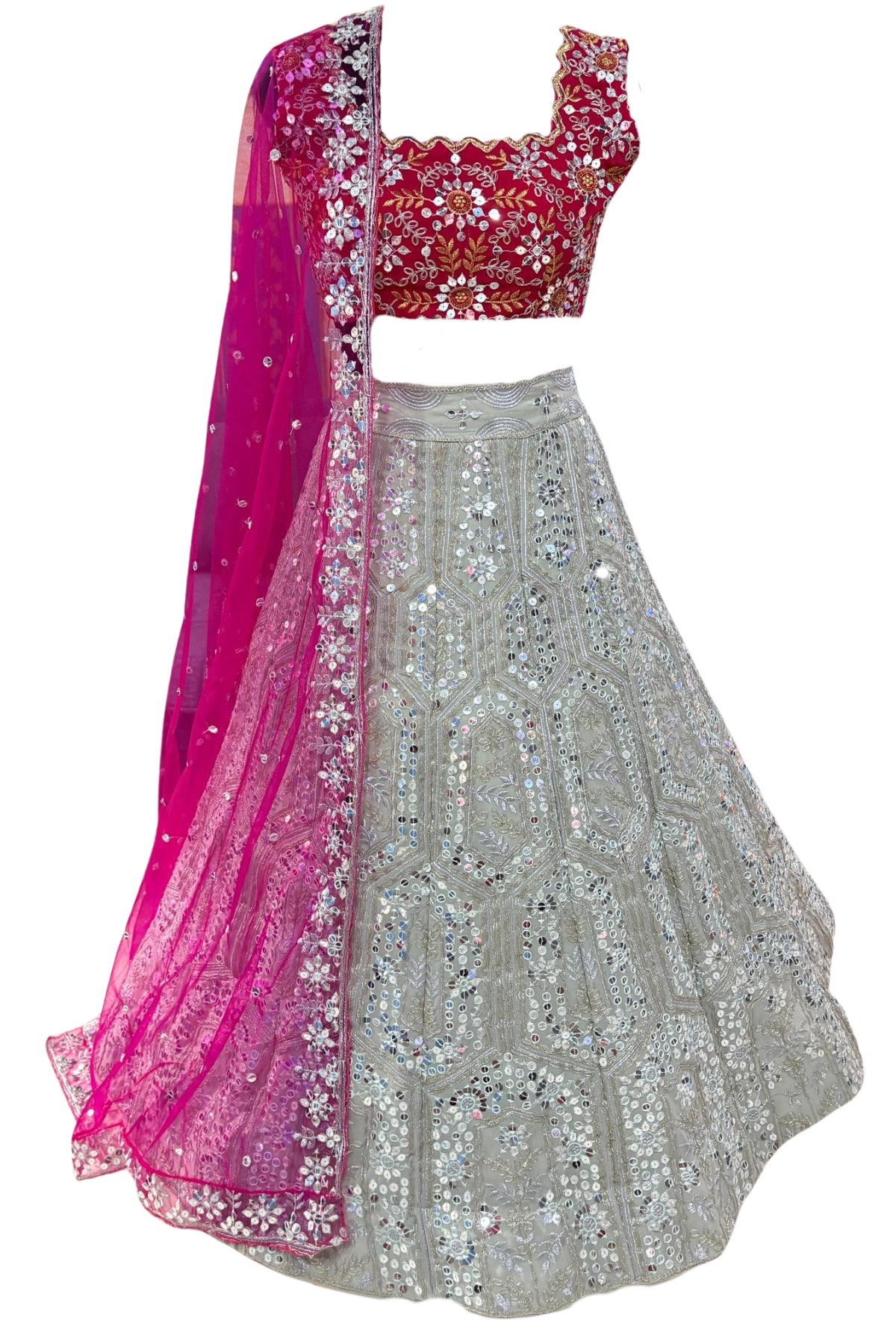 Elegant faux georgette flared lehenga with sequins embroidery, can-can layers and dupatta for wedding and festive wear