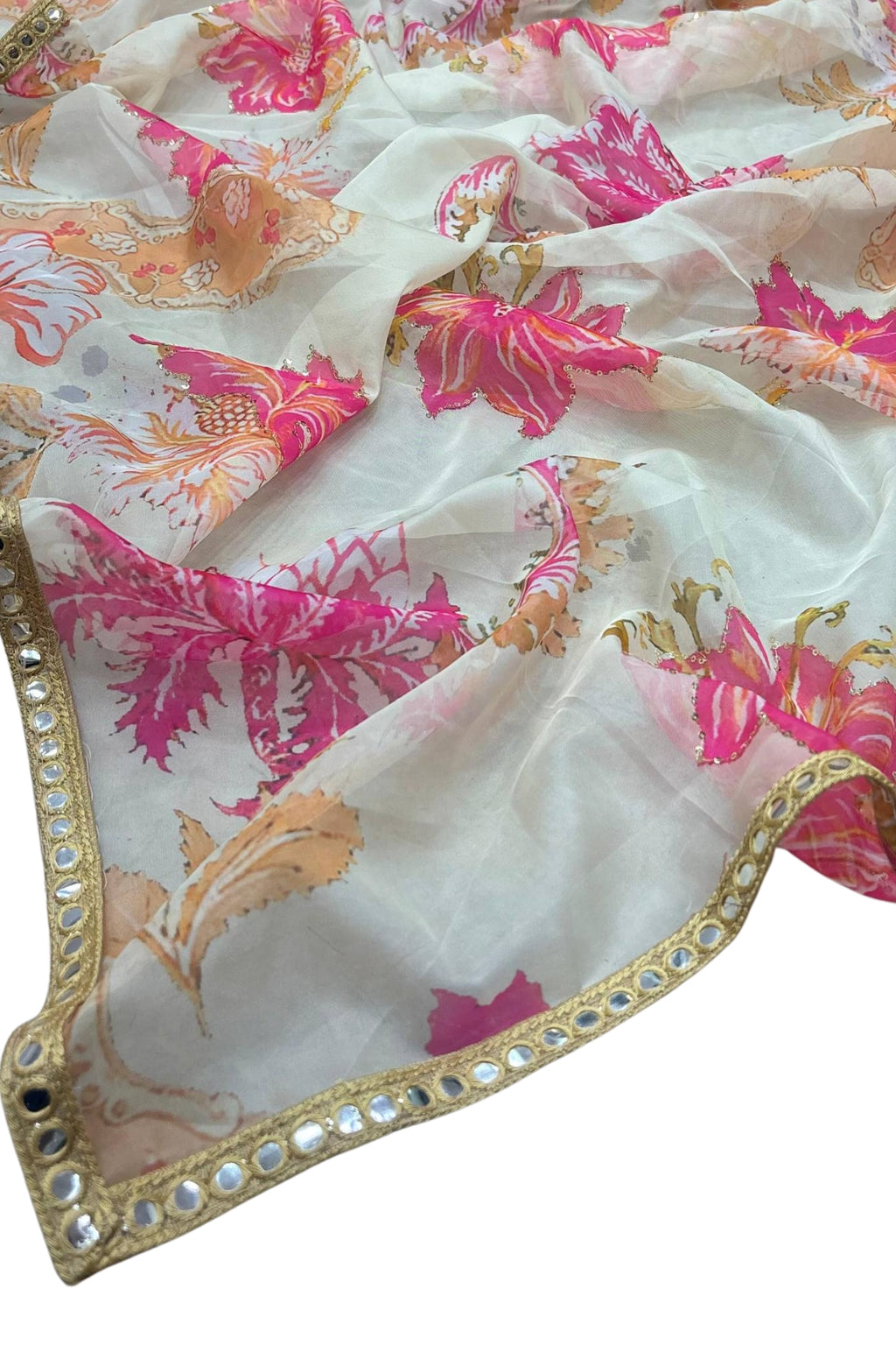 Elegant off white floral tabby silk saree with sequin work for wedding and festive occasions