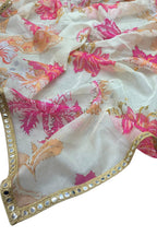 Elegant off white floral tabby silk saree with sequin work for wedding and festive occasions