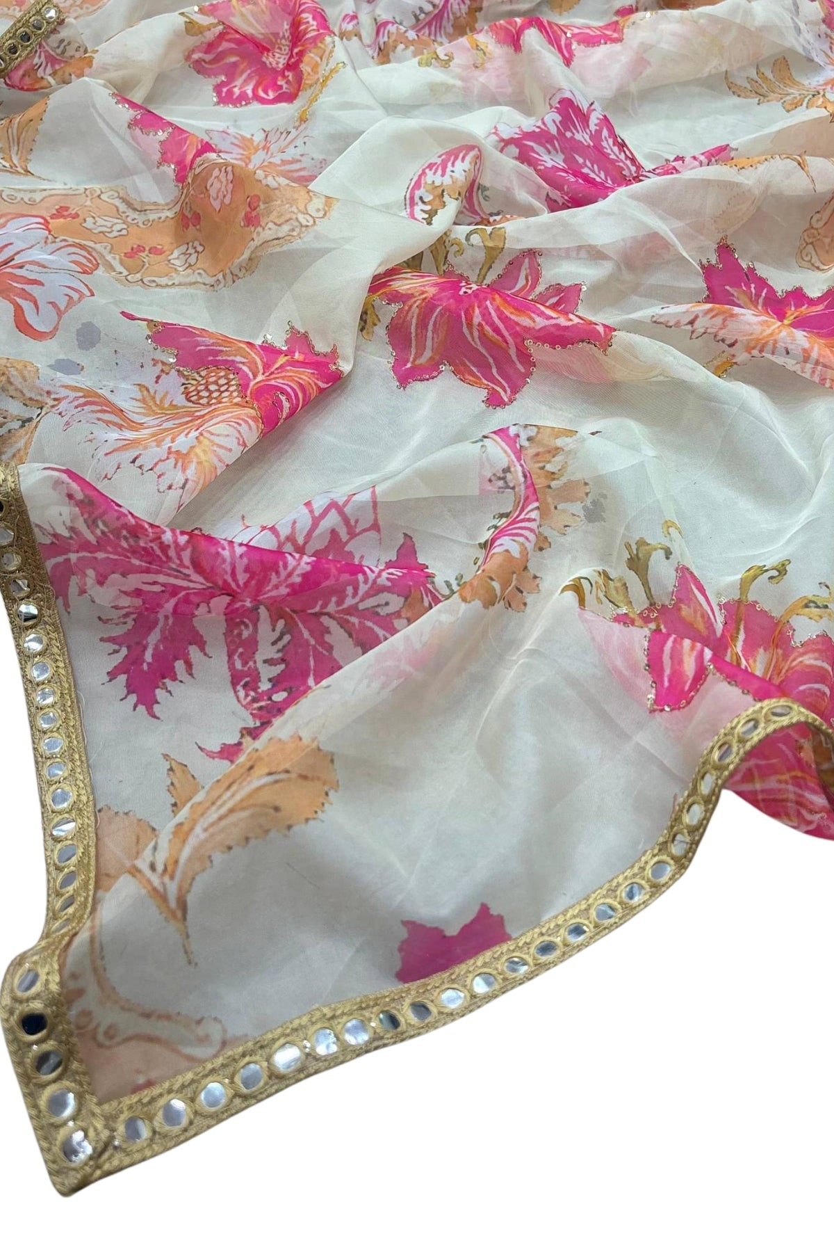 Elegant off white floral tabby silk saree with sequin work for wedding and festive occasions