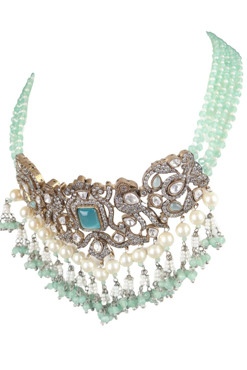 Mint Green Kundan Choker Necklace Set with Earrings Premium Ethnic Jewellery