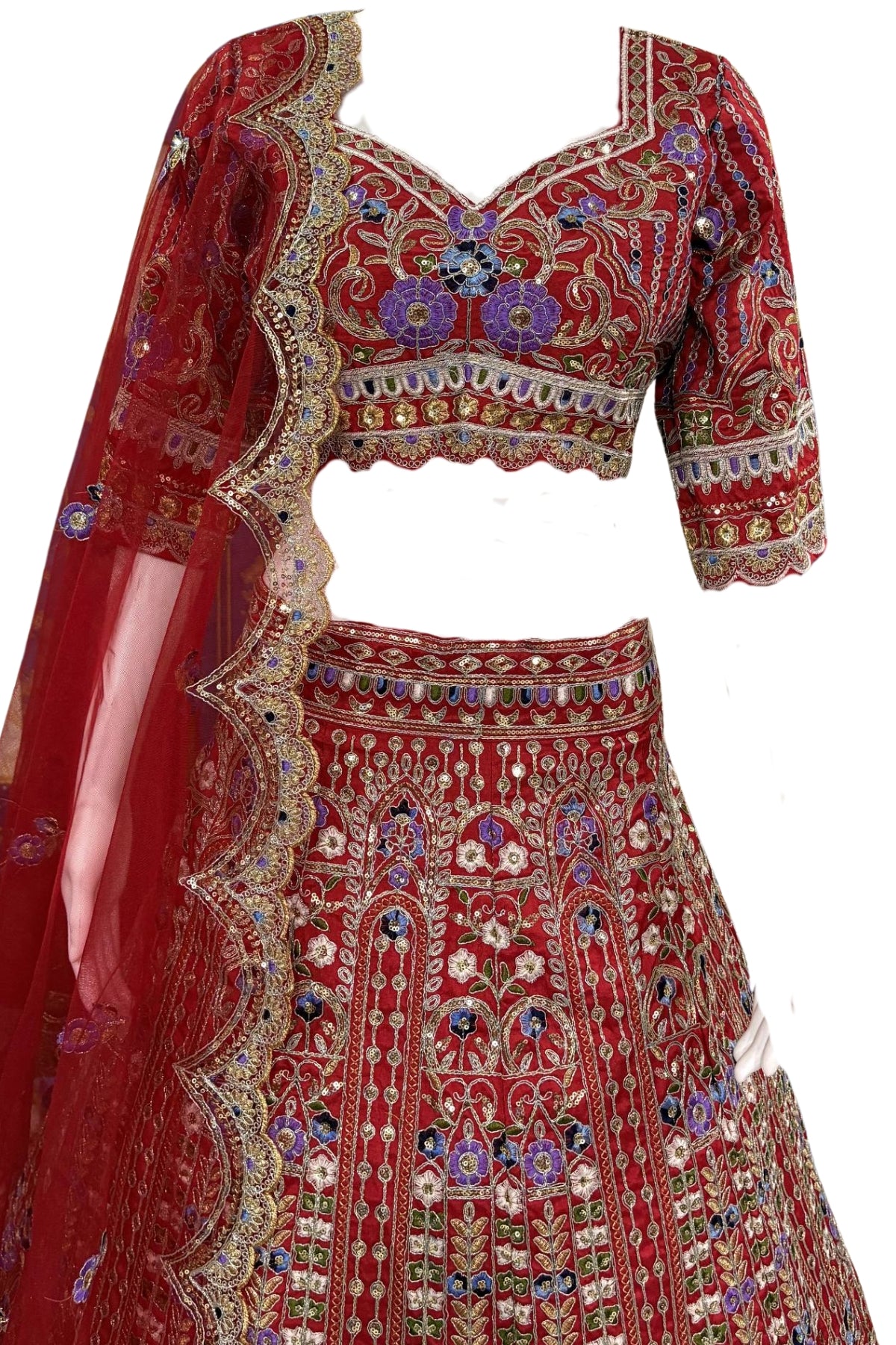 Flared mono satin silk lehenga with sequins cut work can-can layers unstitched blouse and butterfly net dupatta for wedding and festive wear
