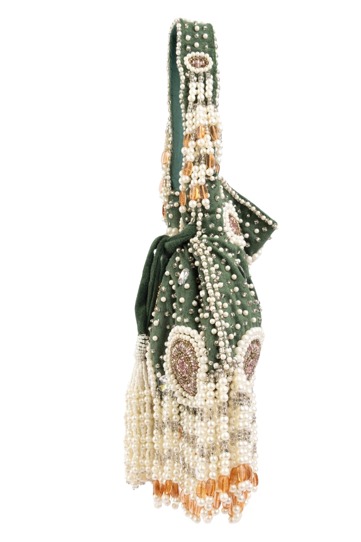 Emerald Green Velvet Pearl & Cut Dana Work Potli Bag