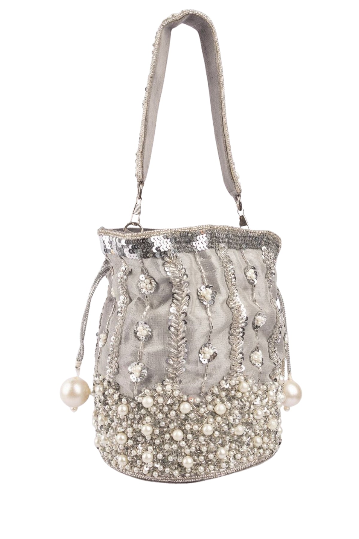 Silver potli bag with cutdana pearl and sequin embellishments on raw silk fabric with tassel for wedding and festive wear
