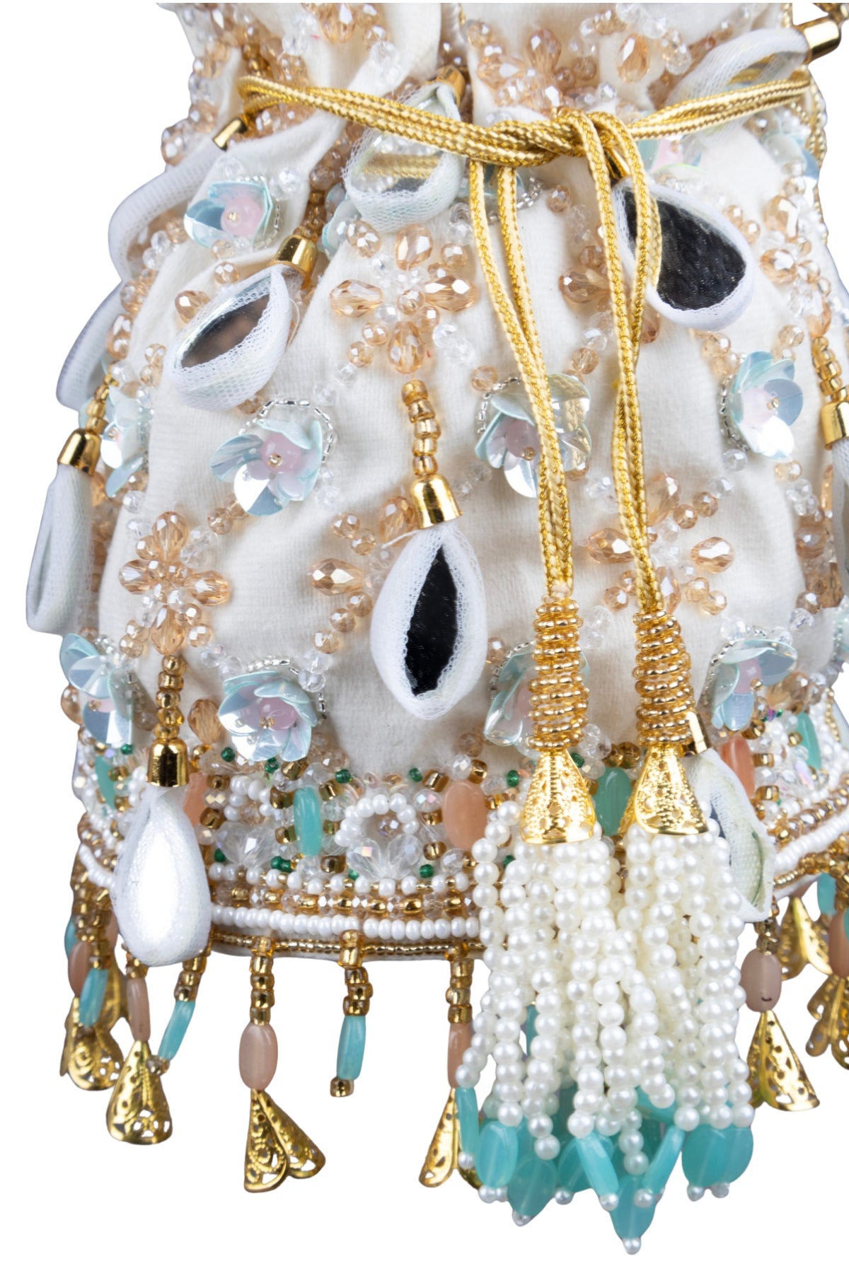 Ivory Velvet Potli Bag with MirrorSequin & Crystal Work