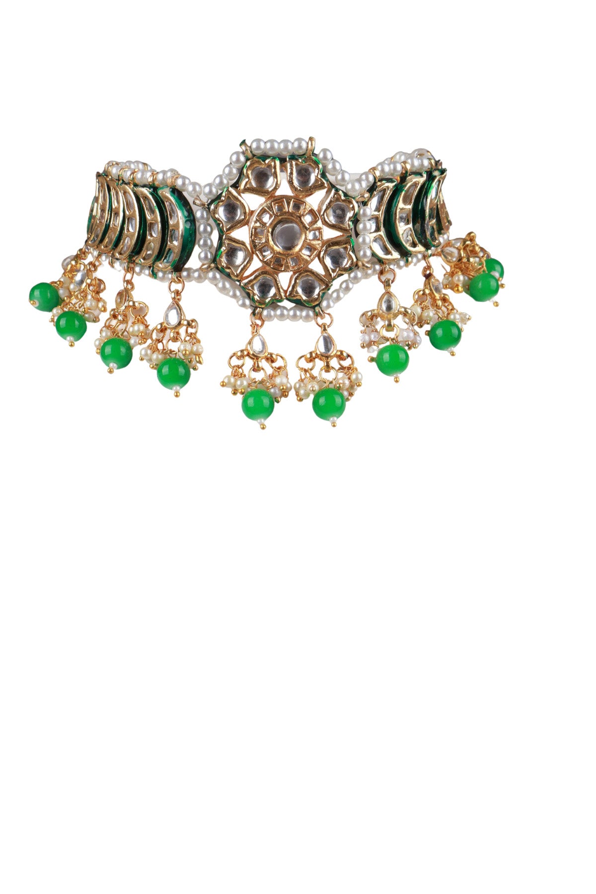 Green Beaded Kundan Gold-Plated Choker Set with Earrings