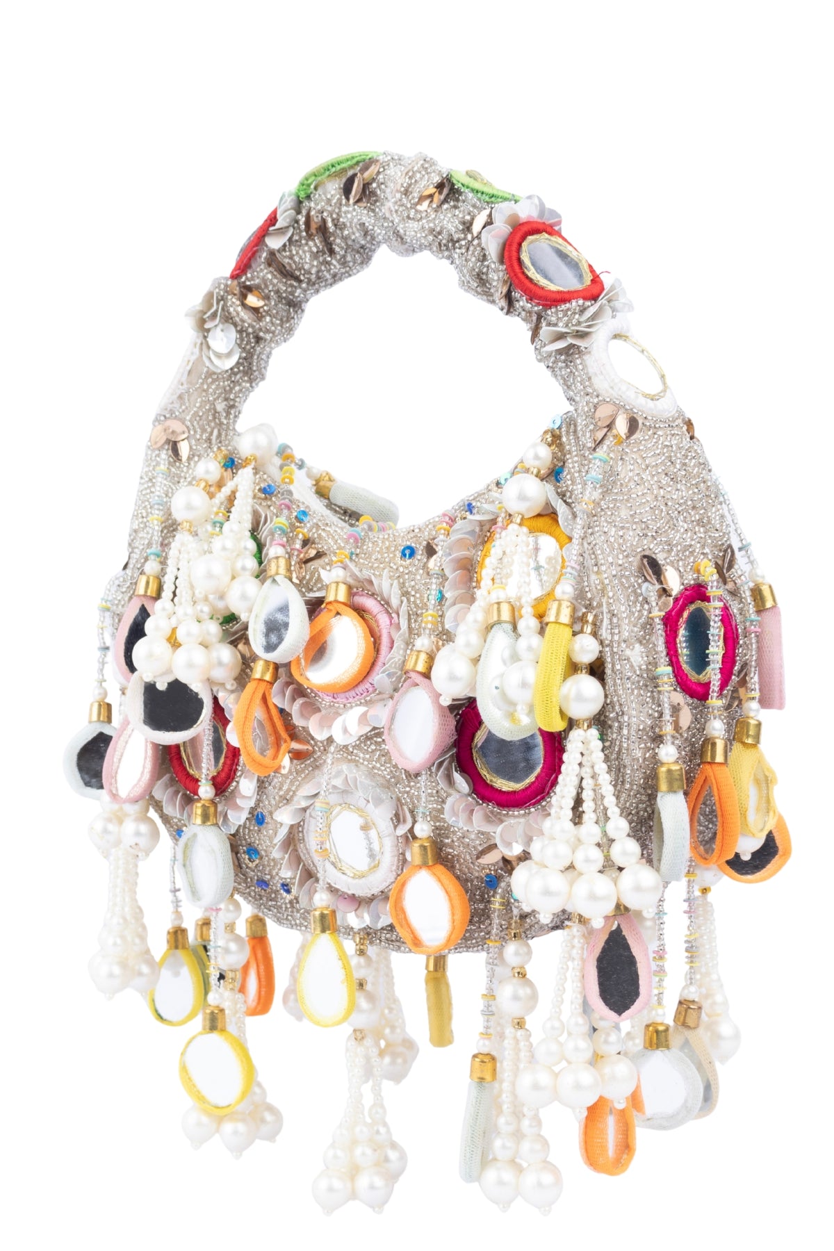 Eeth Silver Mirror Clutch Bagwith Beads and Pearl Work