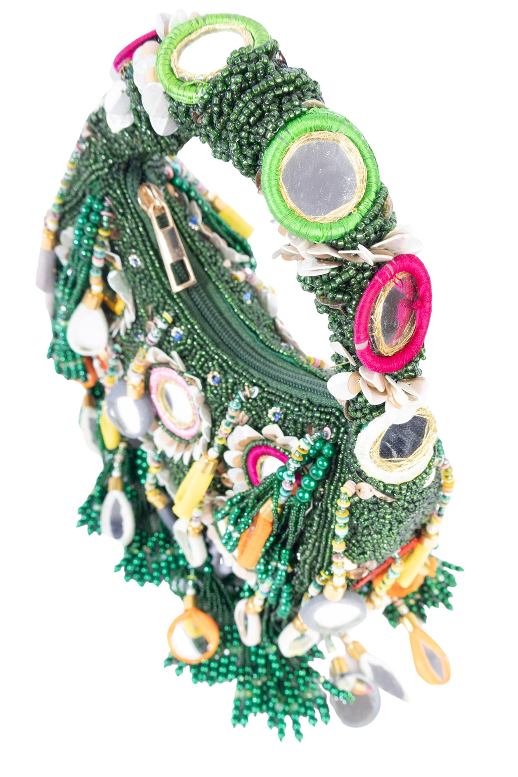 Eeth Green Mirror Clutch Bag with Beads and Pearl Work