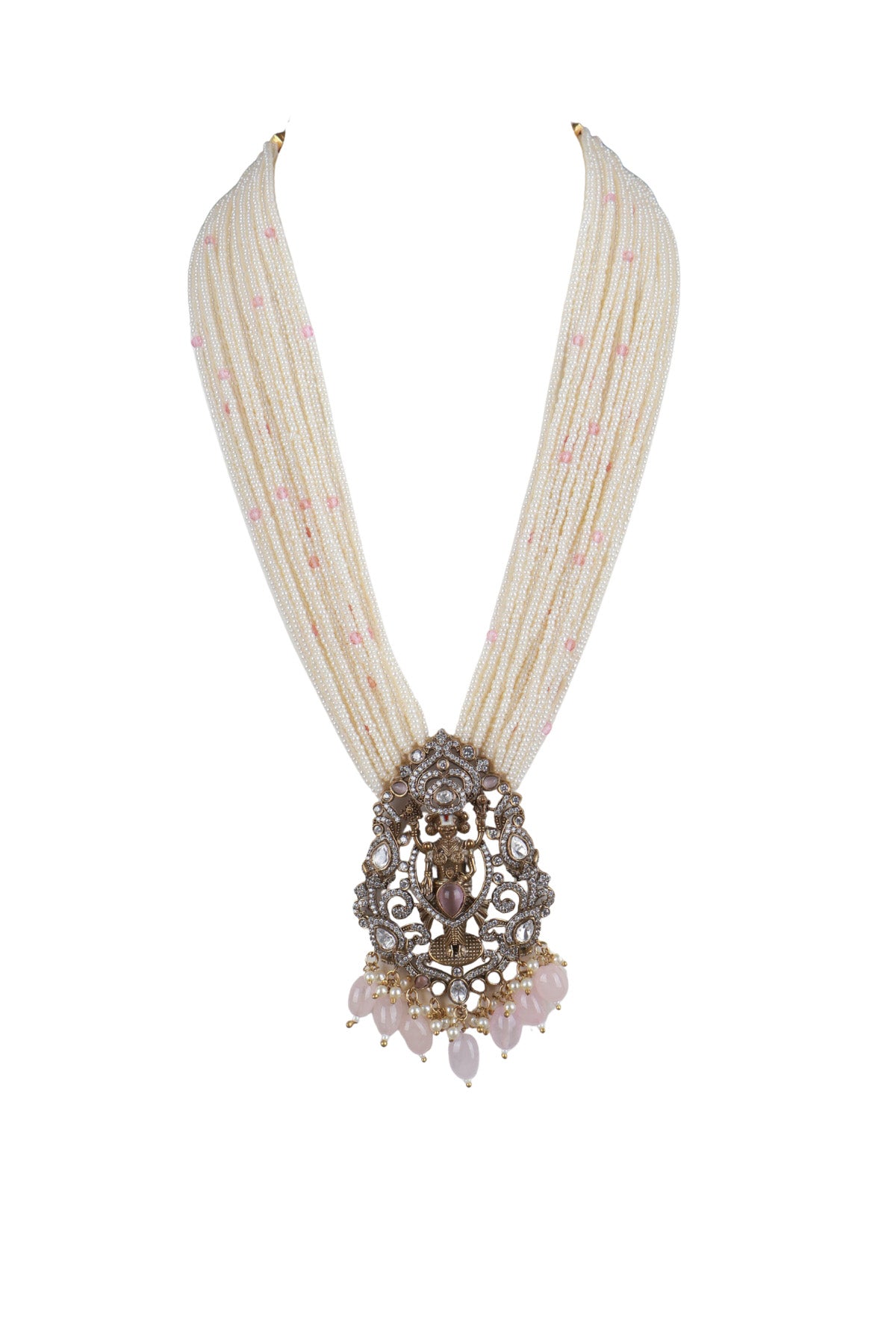 Ivory Pearl Multi-Layer Bridal Choker Necklace Set with Antique Pendant & Earrings