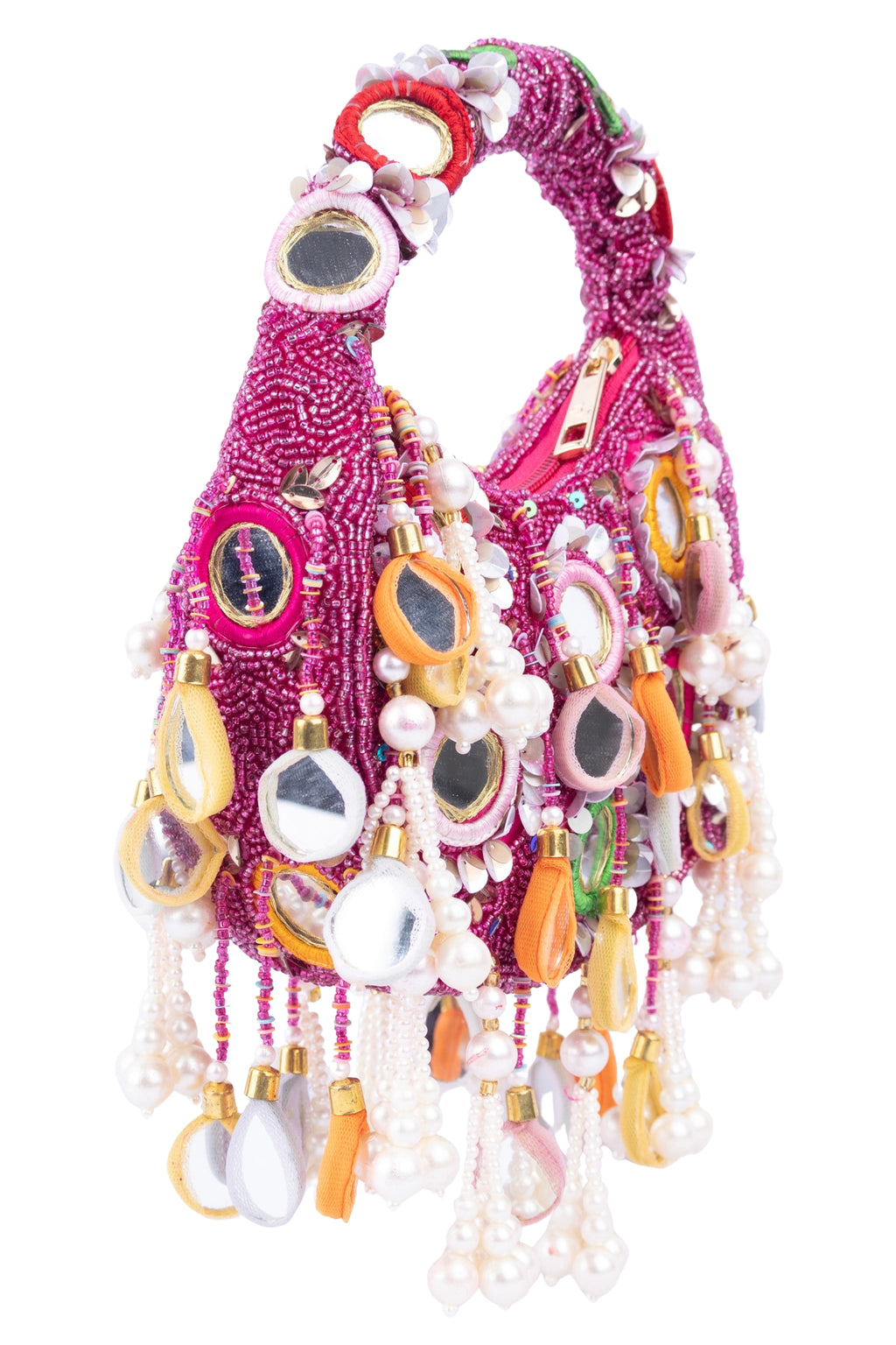 Eeth Pink Mirror Clutch Bagwith Beads and Pearl Work