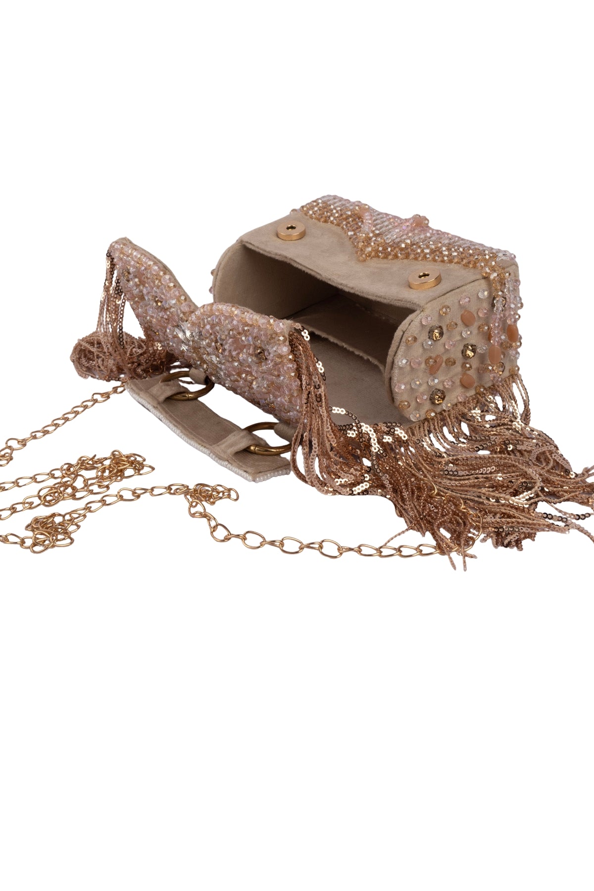 Beige Hand Embellished Clutch Bag with Crystal Work
