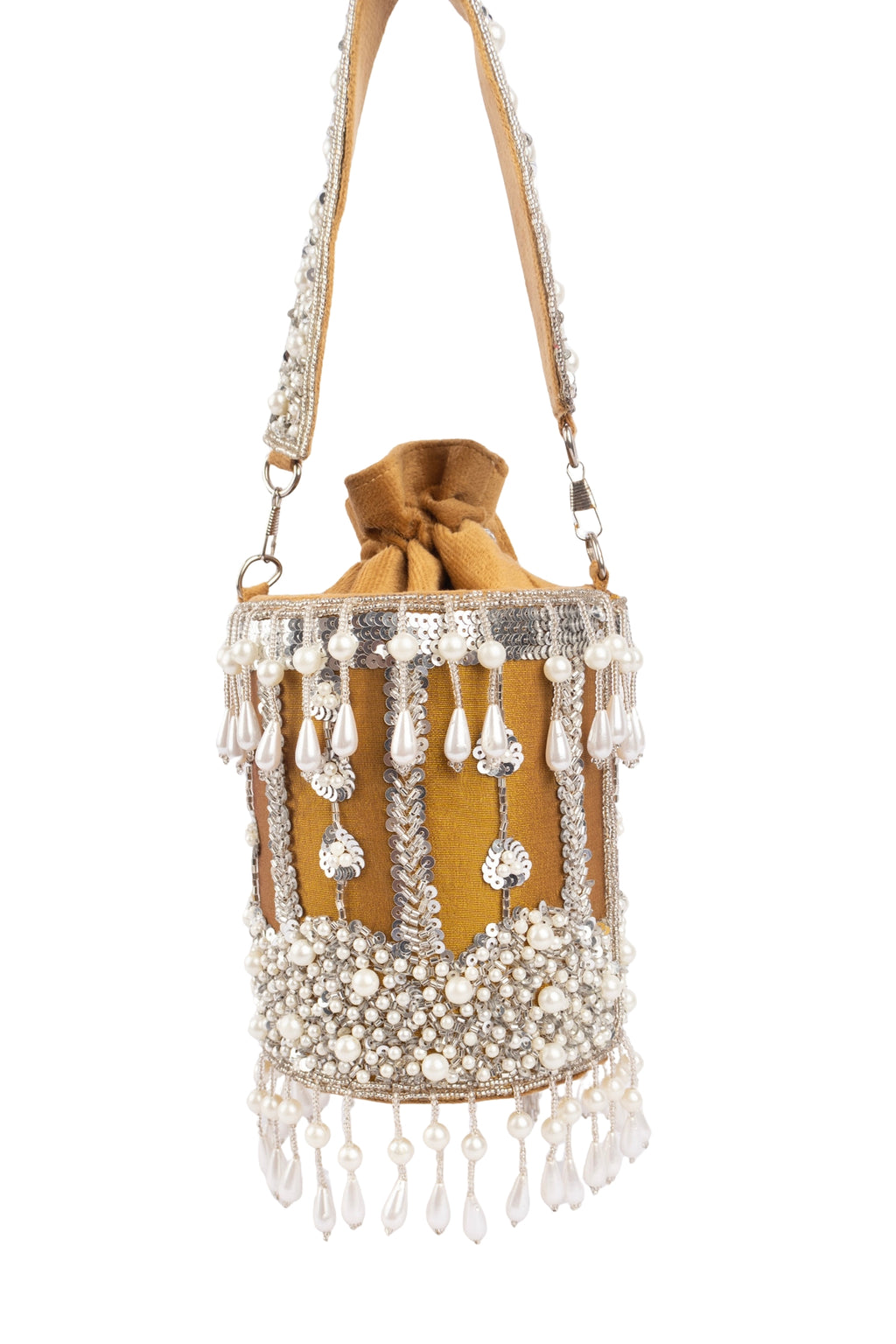 Mustard Raw Silk Cutdana & Pearl Embellished Potli Bag