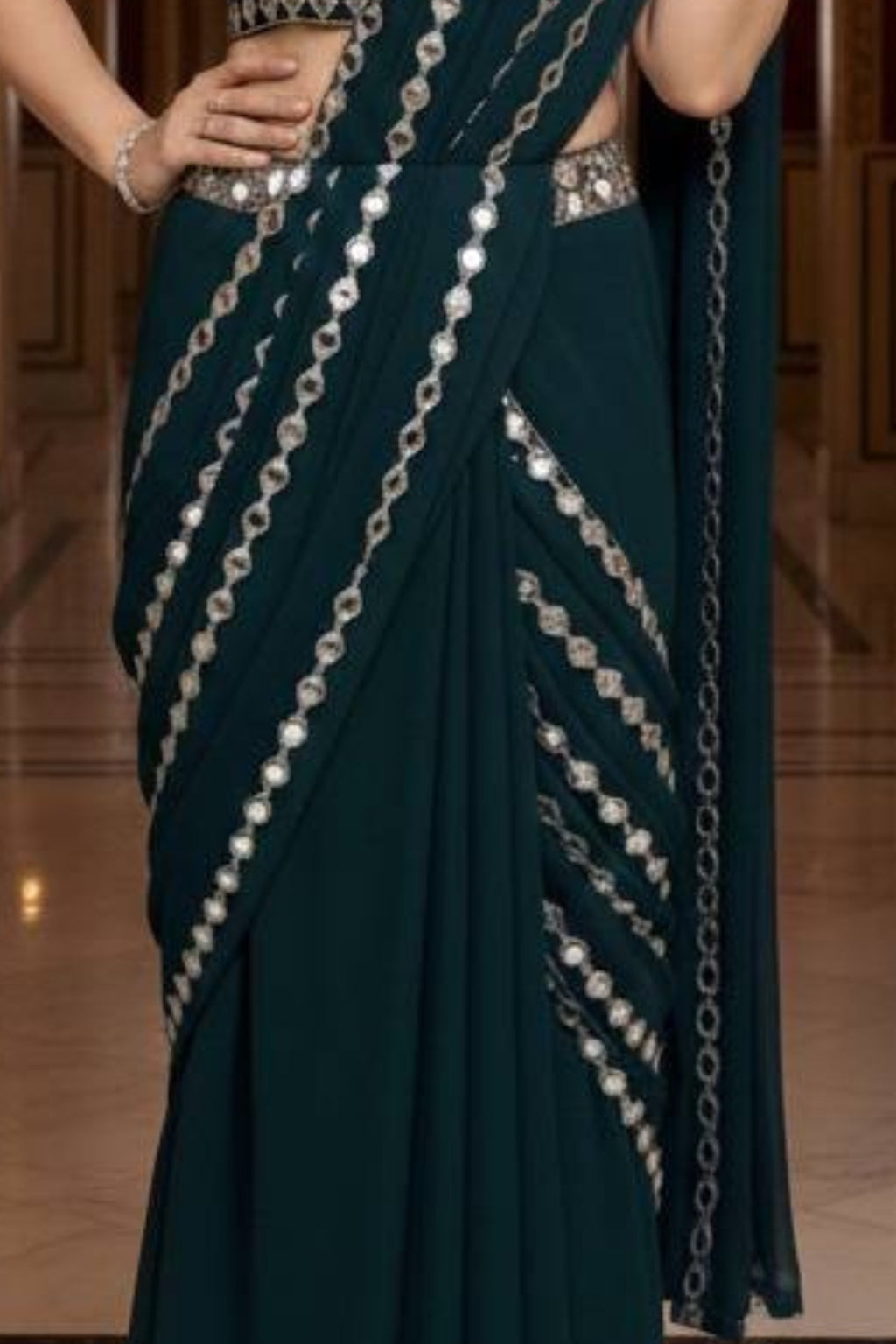 Elegant faux georgette ready-to-wear saree with real mirror work and attached pallu for wedding and festive wear