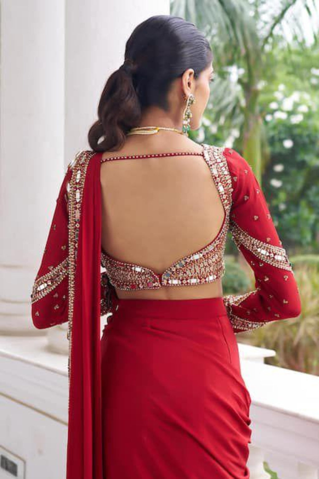 Elegant ready-to-wear faux georgette saree with real mirror work and attached pallu for wedding and festive wear