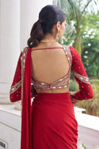 Elegant ready-to-wear faux georgette saree with real mirror work and attached pallu for wedding and festive wear