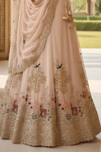 Beige flared faux georgette embroidered lehenga set for wedding and party wear