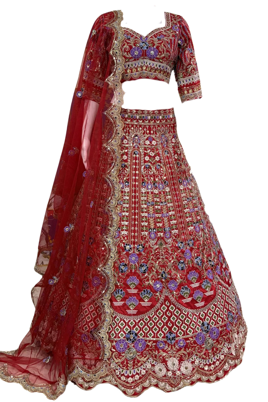 Flared mono satin silk lehenga with sequins cut work can-can layers unstitched blouse and butterfly net dupatta for wedding and festive wear