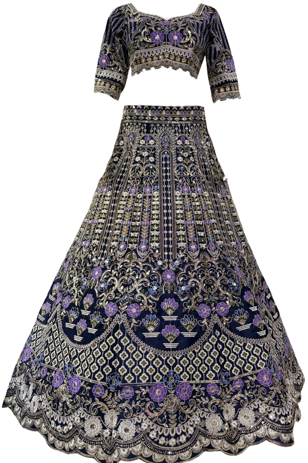 Mono satin silk flared lehenga with sequins cut work can-can layers unstitched blouse and dupatta for wedding and festive wear