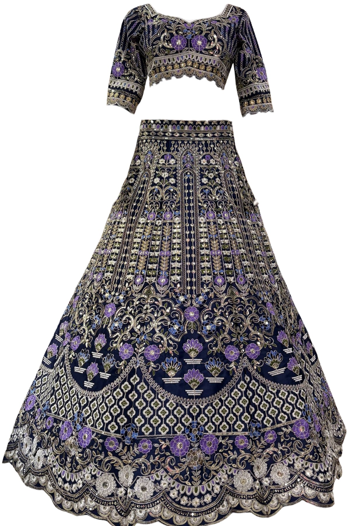 Mono satin silk flared lehenga with sequins cut work can-can layers unstitched blouse and dupatta for wedding and festive wear