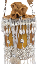 Mustard Raw Silk Cutdana & Pearl Embellished Potli Bag
