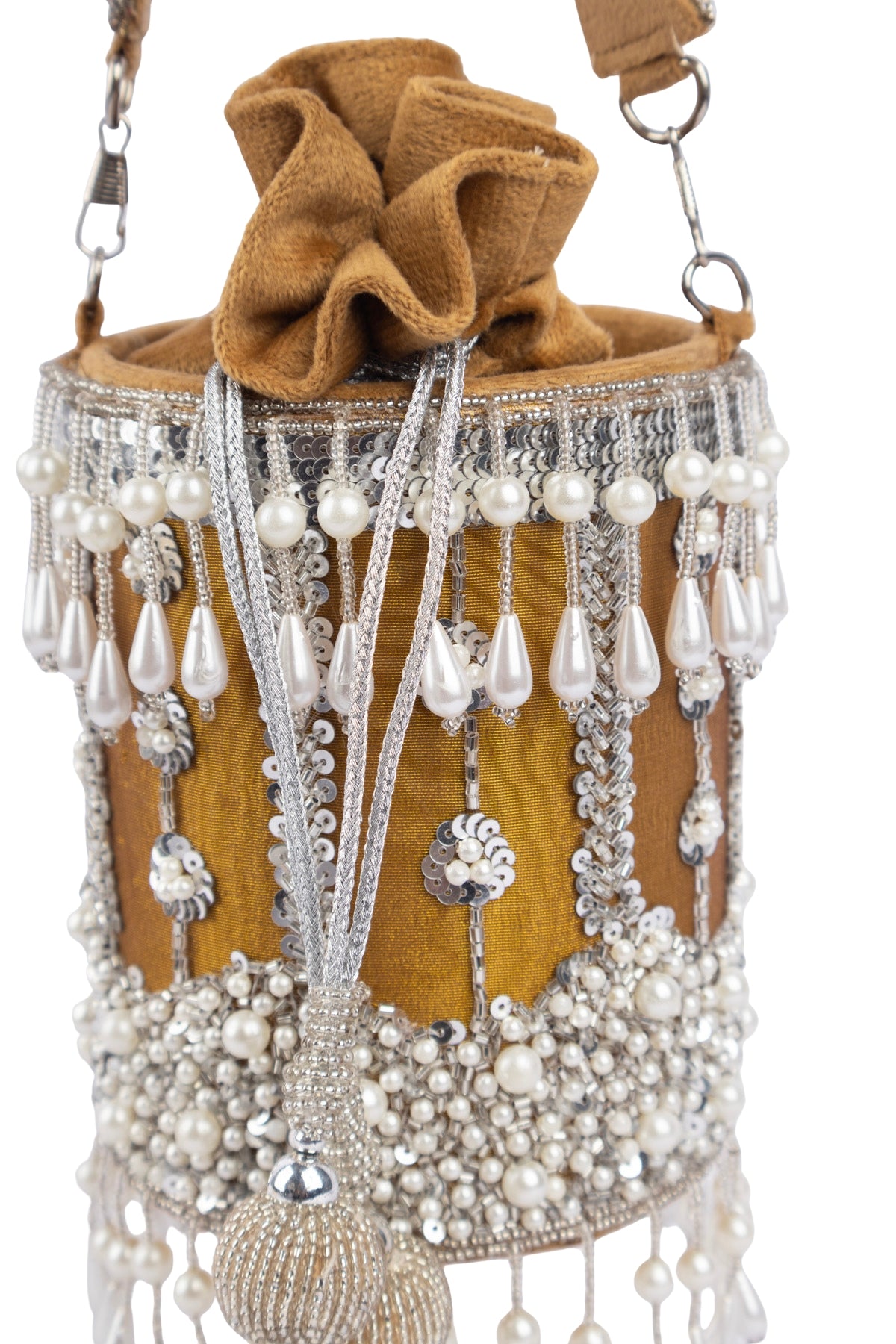 Mustard Raw Silk Cutdana & Pearl Embellished Potli Bag