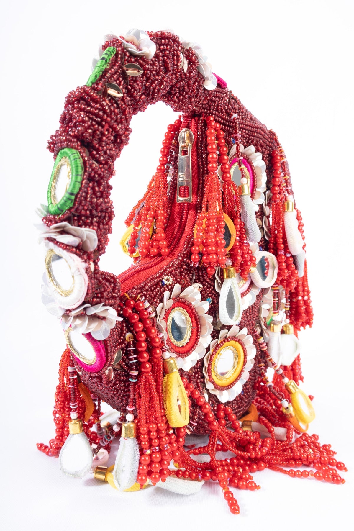Eeth Red Mirror Clutch Bagwith Beads and Pearl Work