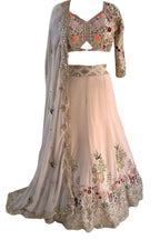 Beige flared faux georgette embroidered lehenga set for wedding and party wear