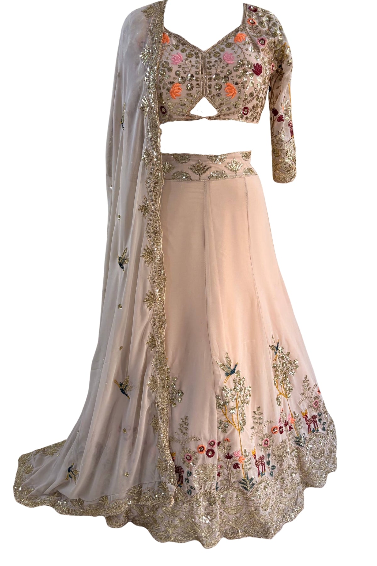 Beige flared faux georgette embroidered lehenga set for wedding and party wear