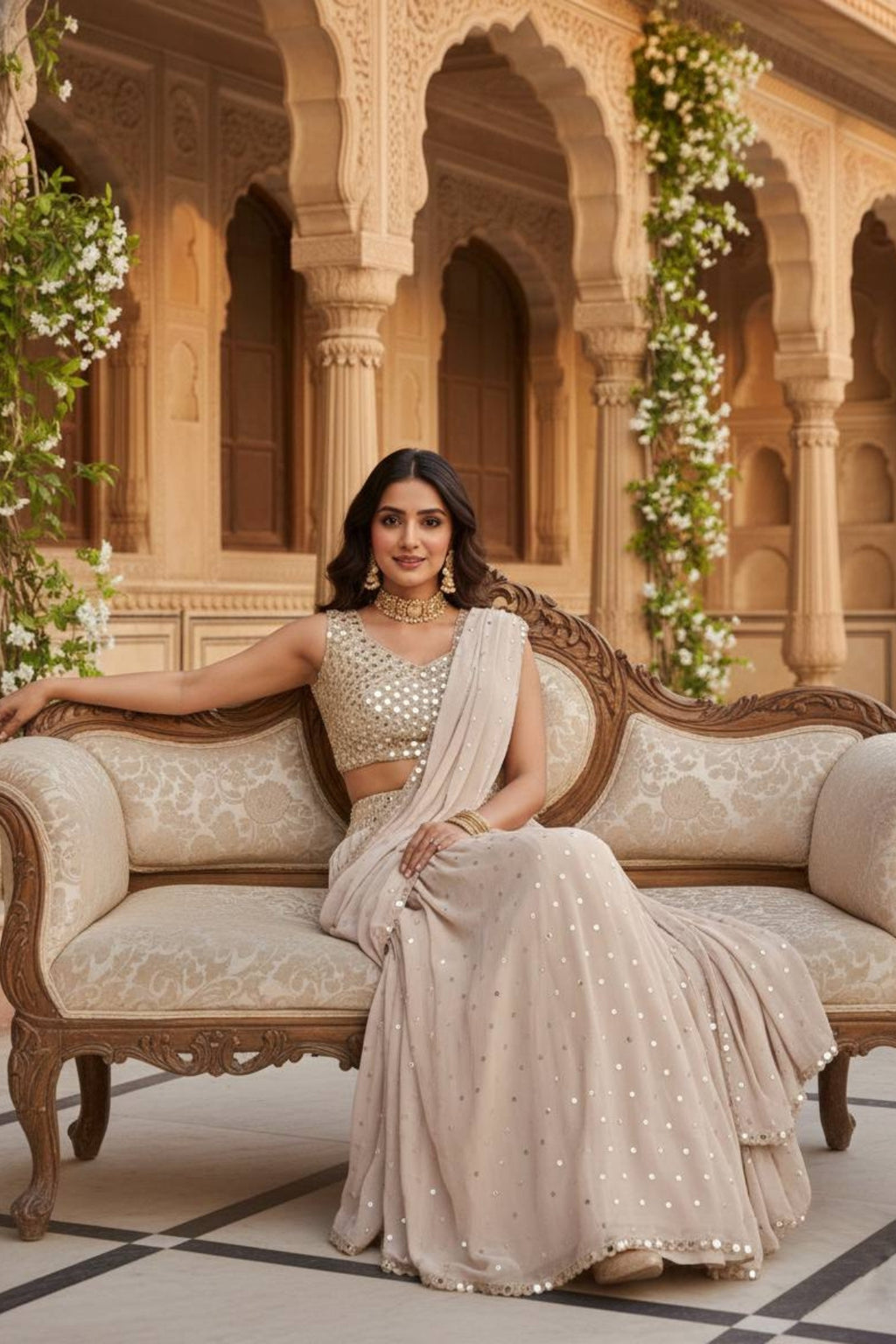 Elegant mirror work faux georgette ready-to-wear saree for wedding and party wear